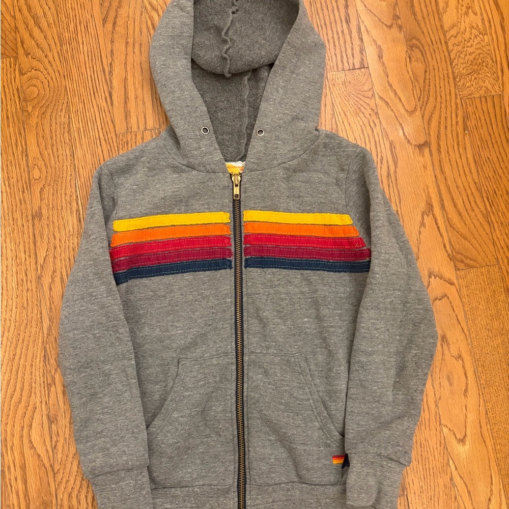 Aviator Nation Gray Zip-Up Hoodie w/ Rainbow Stripes – Youth 6